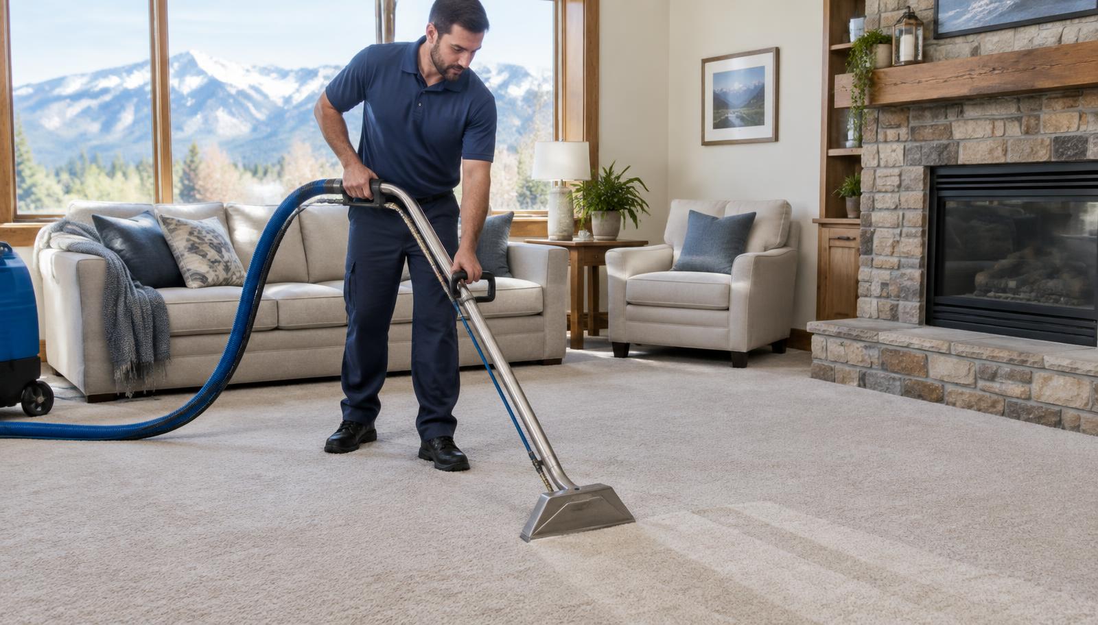 Technician steam cleaning a living room carpet